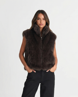 Faye | Brown Faux Fur Zip-Up Vest
