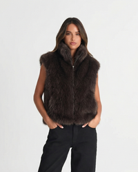 Faye | Brown Faux Fur Zip-Up Vest