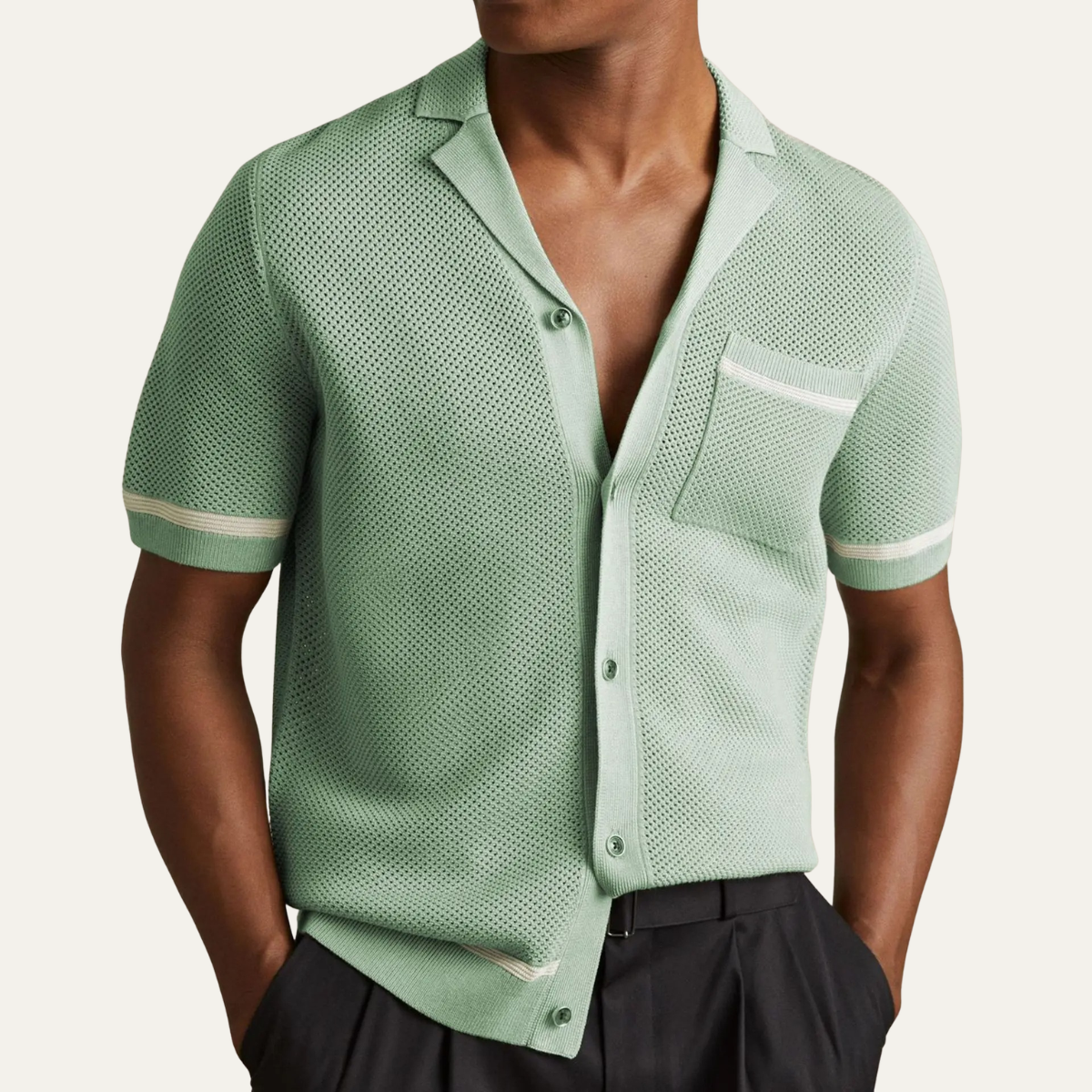 Sage men's knit button up shirt in Green