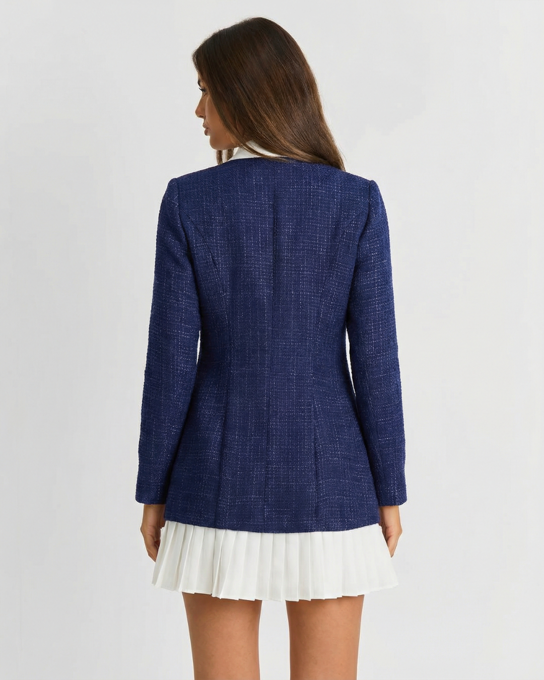 Seren | Pussy-Bow Neck Bouclé Knit Bodice Pearl Button Pleated Skirt Mini Dress