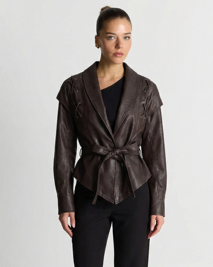 Camille | Leather Jacket Brown Belted Shawl Collar Fitted