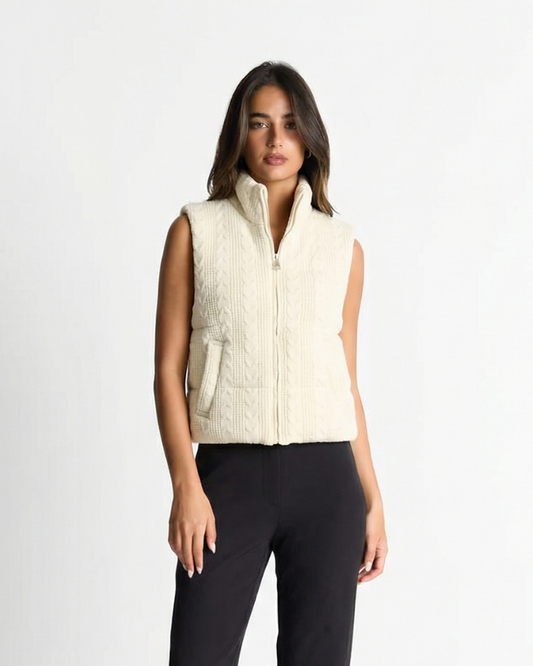 Vera | Knitted Puffer Vest Cream Cable Knit Sleeveless Zip Up