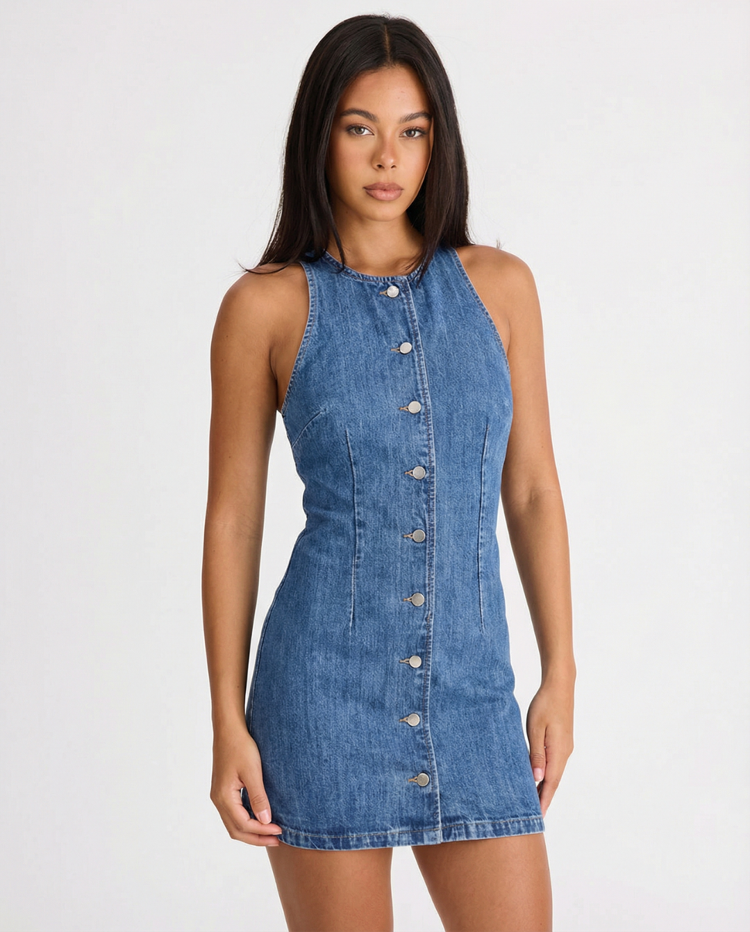 Tabitha | High Neck Cutaway Shoulder Button-Front Vertical Seam Denim Mini Dress