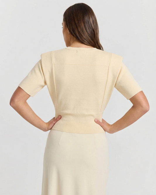 Vera | Ribbed Puff Sleeve Top Cream Short Sleeve Fitted