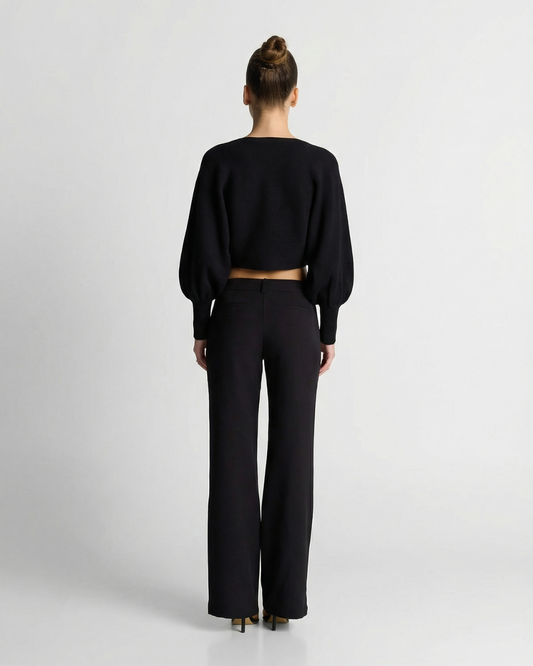 Uma | Black Blouse Long Sleeve Cropped Batwing Boat Neck