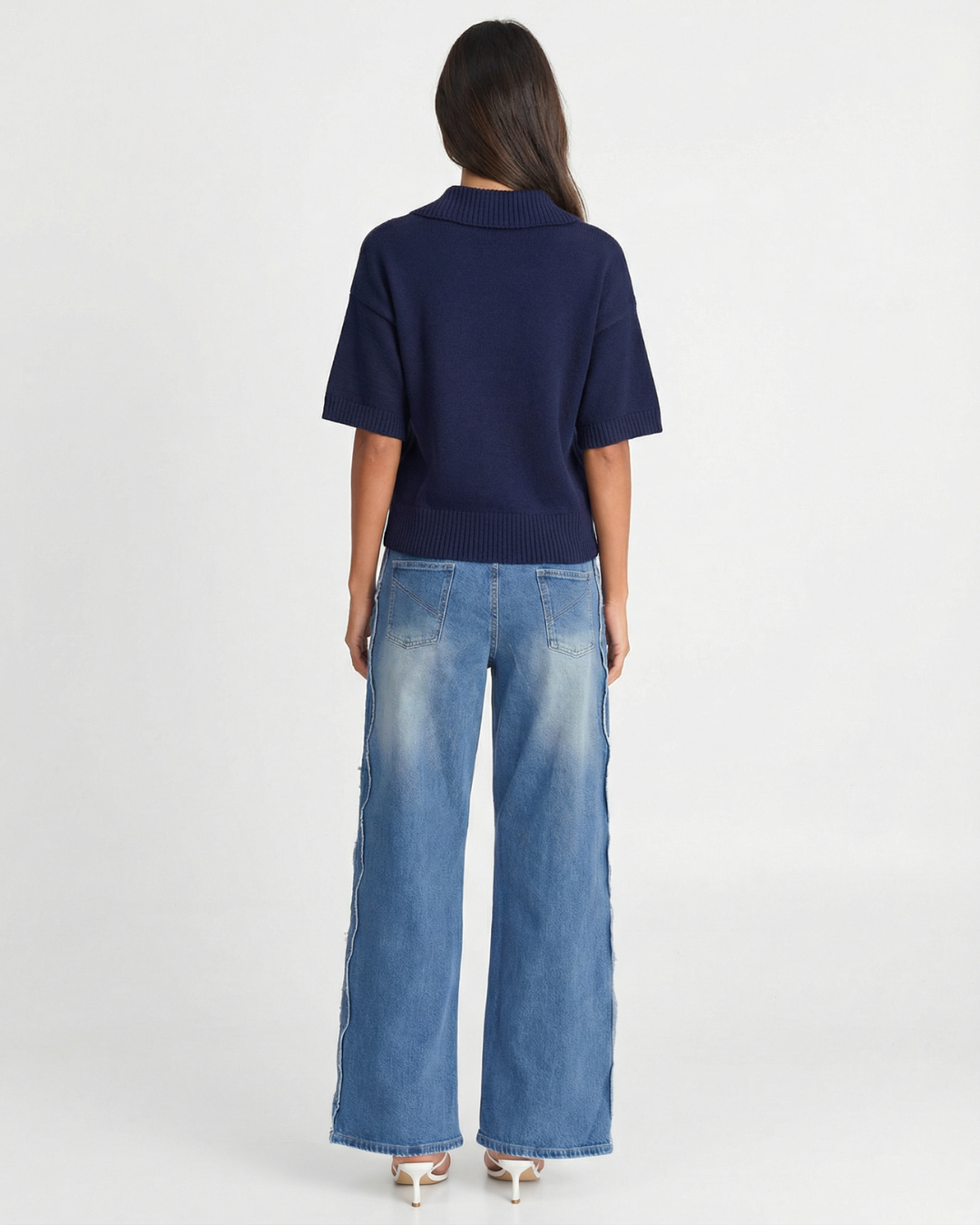 Iris | Navy Knitted Shirt Short Sleeve Collared Button Front Red Pockets