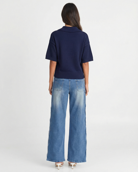 Iris | Navy Knitted Shirt Short Sleeve Collared Button Front Red Pockets