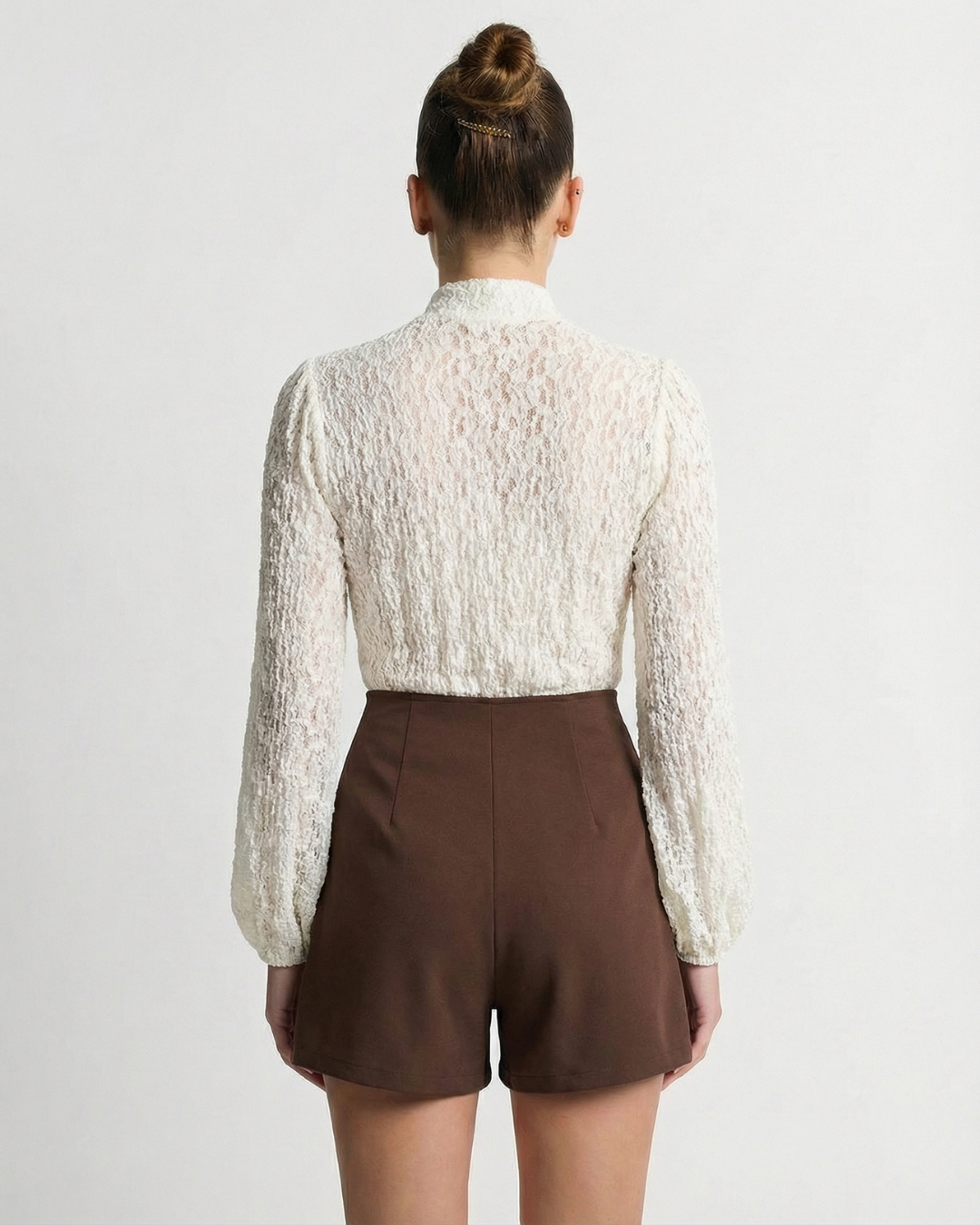 Astrid | Pussy-Bow Puff Shoulder Gathered Cuff Crinkle Chiffon Blouse in Cream