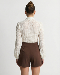 Astrid | Pussy-Bow Puff Shoulder Gathered Cuff Crinkle Chiffon Blouse in Cream
