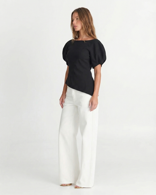 Ada | Asymmetric Top Black Puff Sleeve Short Sleeve