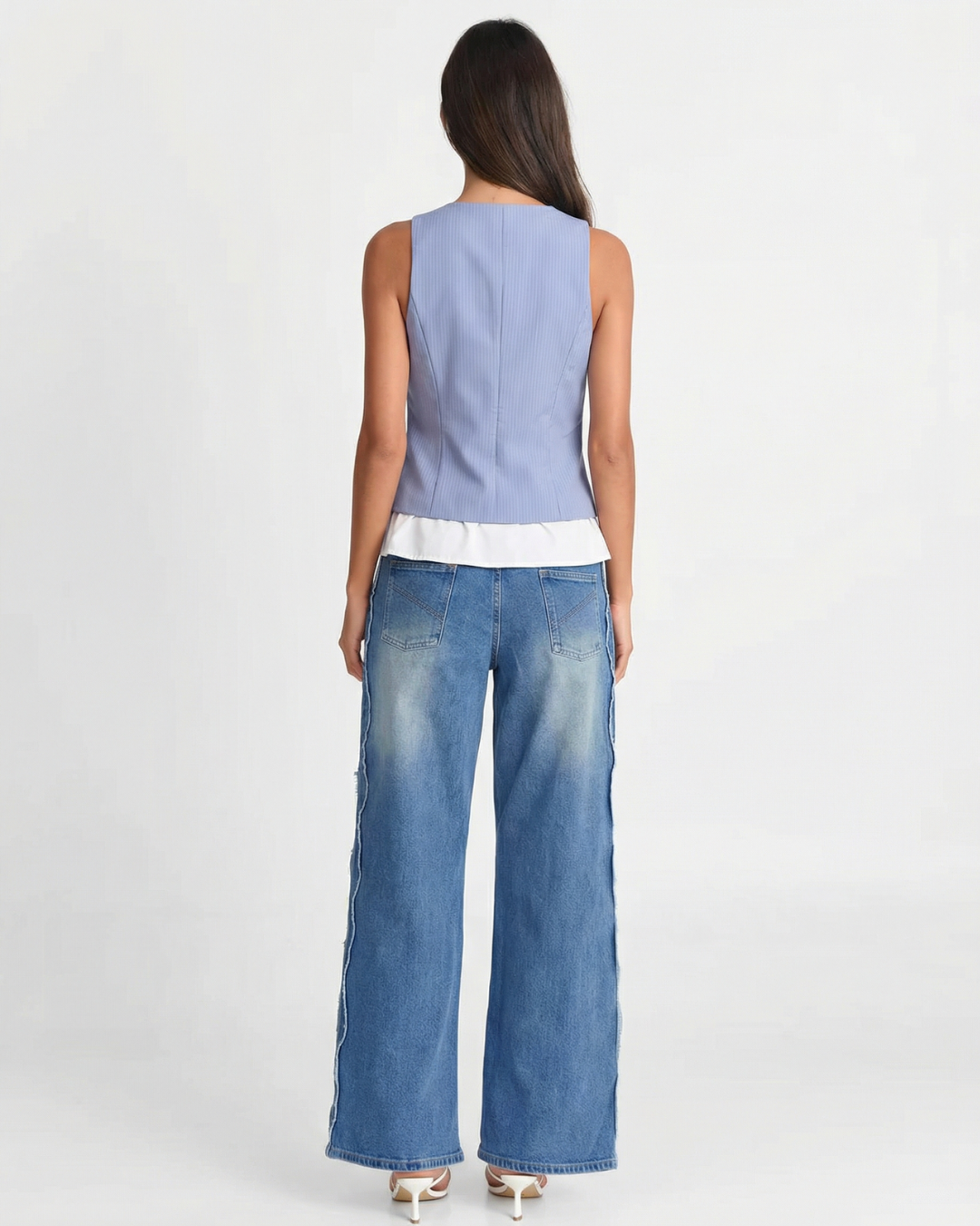 Noa | Smart Casual Vest Top Blue Ribbed Sleeveless Button Front V Neck