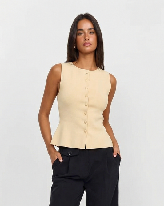 Lena | Sleeveless Knitted Vest Cream Button Front Fitted