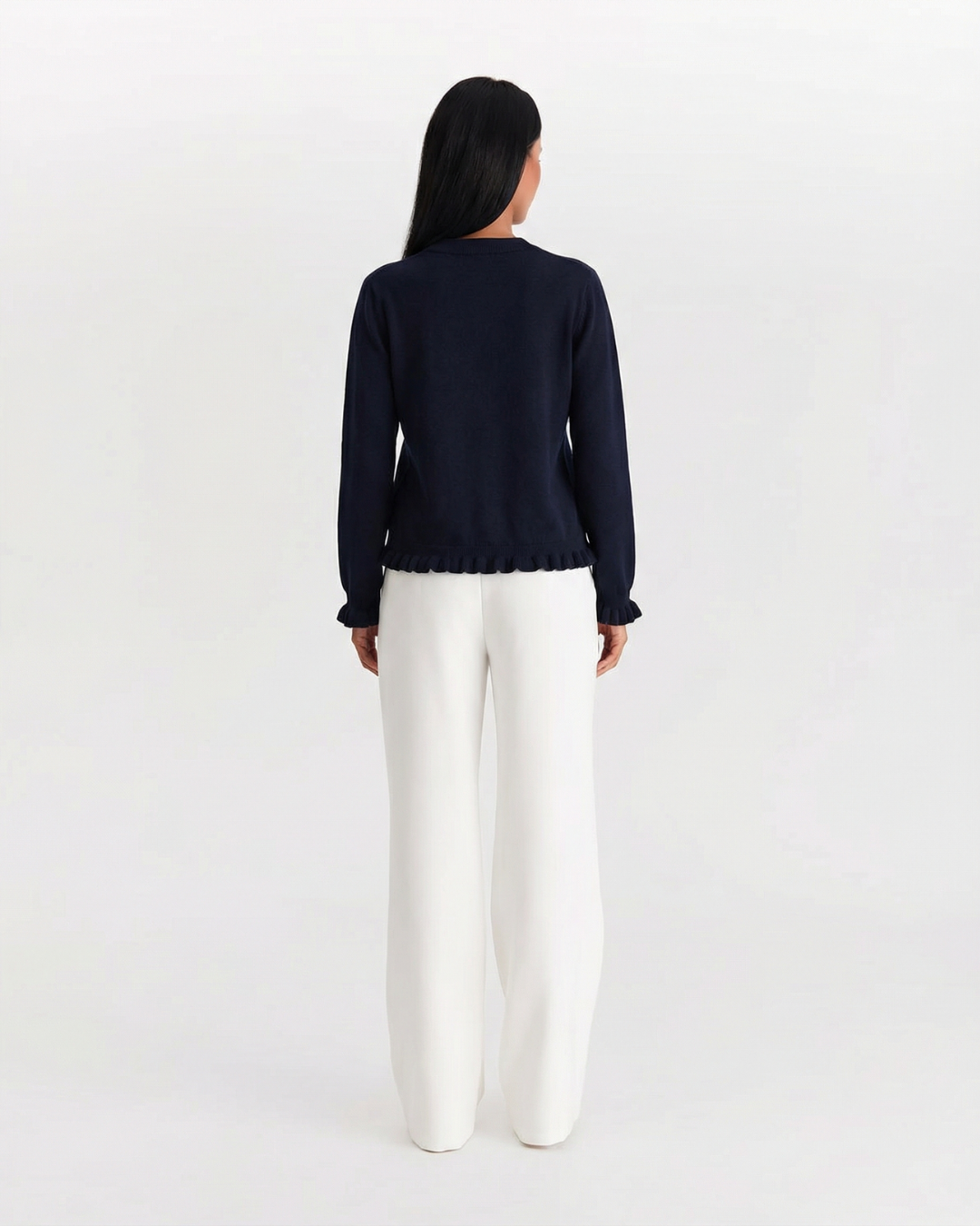 Sienna | Ruffle Trim Button Front Crew Neck Ruffled Cuff Cropped Knit Cardigan