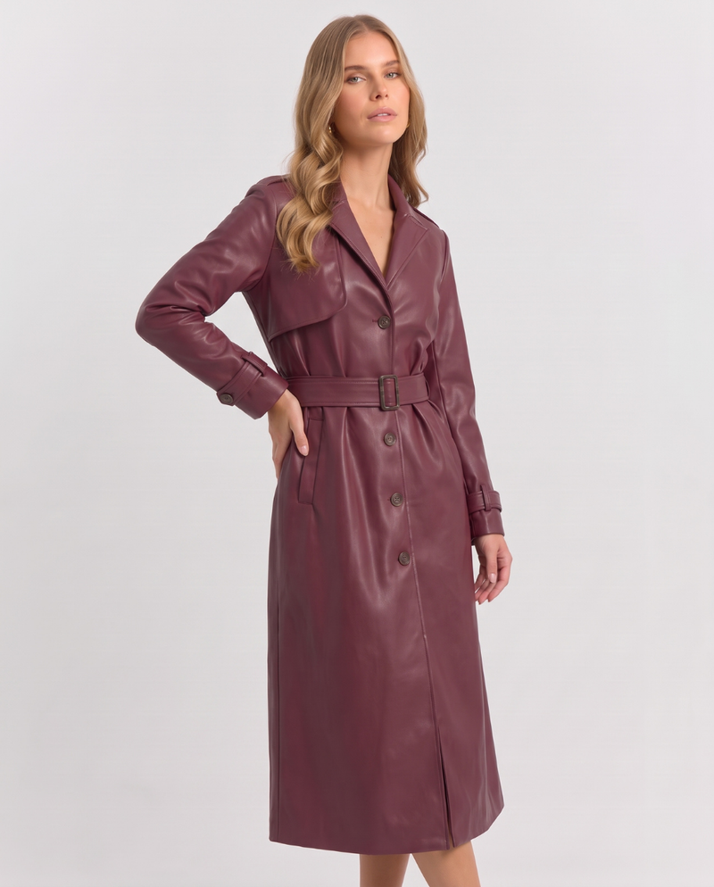 Nerissa | Women's Long Belted Trench Coat Burgundy and Black
