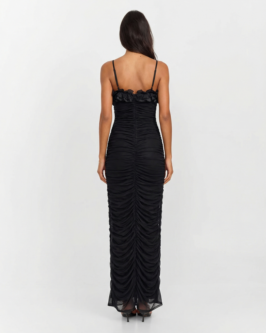 Natalia | Ruffled Bust Spaghetti Strap Full-Body Ruching Bodycon Maxi Dress