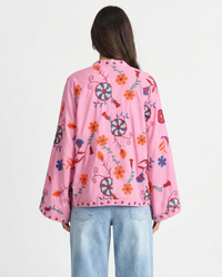 Elsie | Floral Motif Wide Sleeve Open Front Contrast Stripe Lining Cotton Kimono