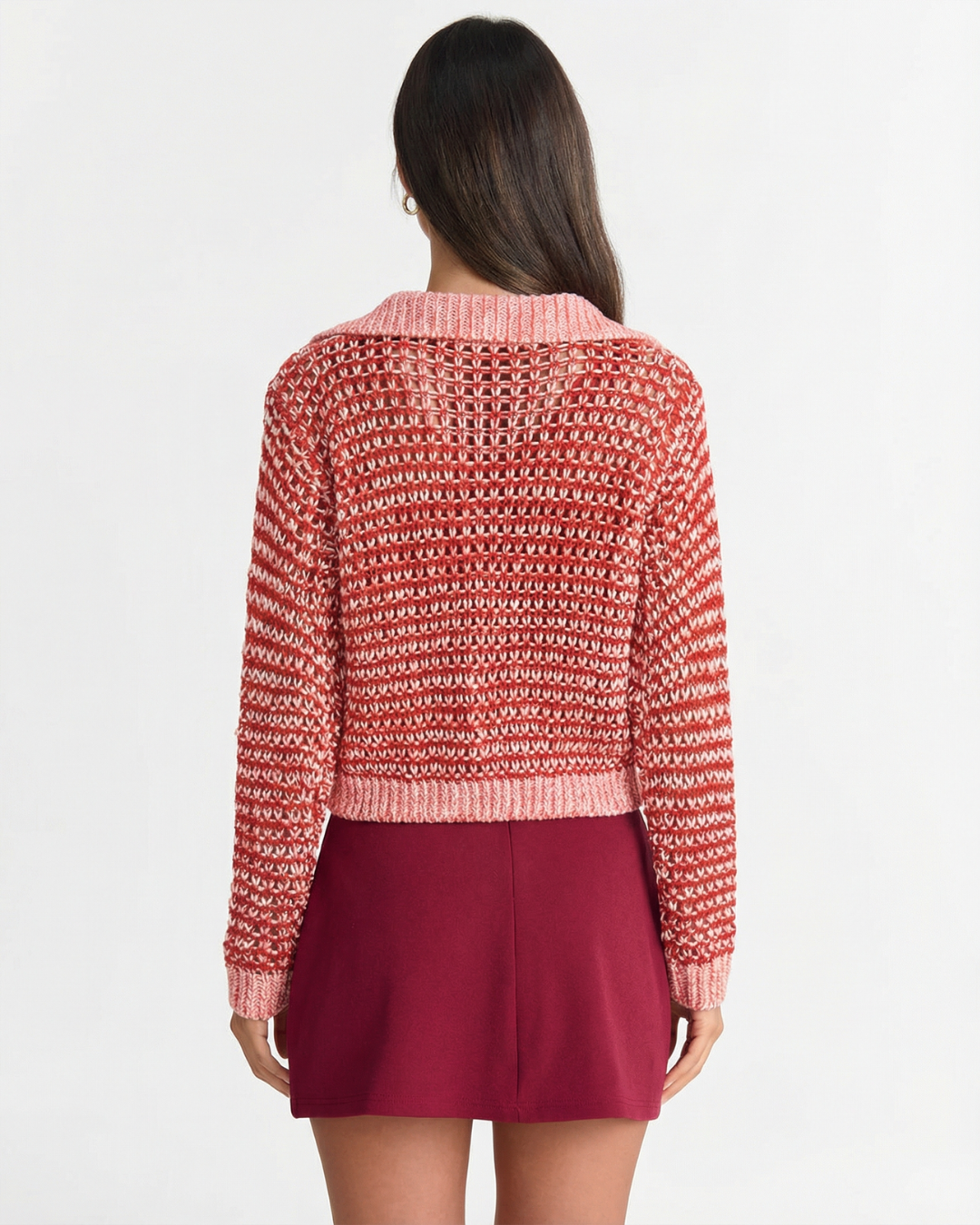 Ruby | Red Relaxed Open Knit Striped Hooded Jumper