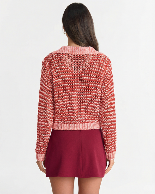 Ruby | Red Relaxed Open Knit Striped Hooded Jumper