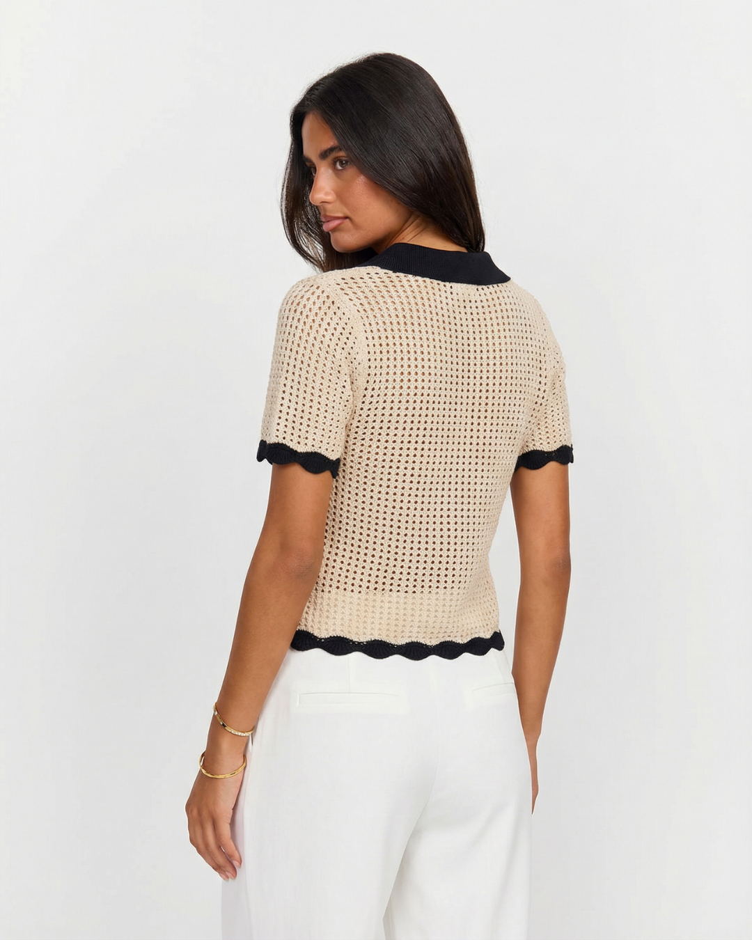 Ivy | Breathable Crochet Knit Short Sleeve Tie Front Polo