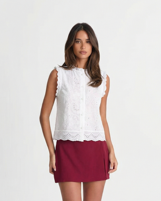 Rosa | Summer Lace Embroidered Sleeveless Cotton Vest White