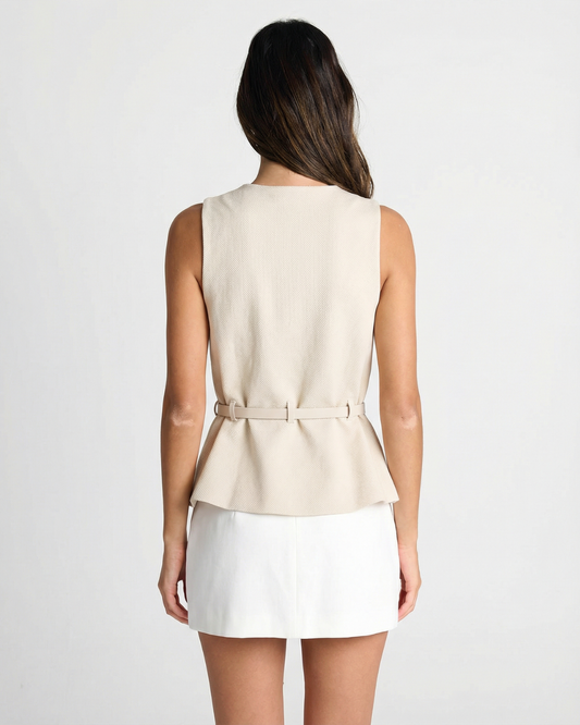 Vera | Elegant Peplum Top Cream Sleeveless Belted Fitted