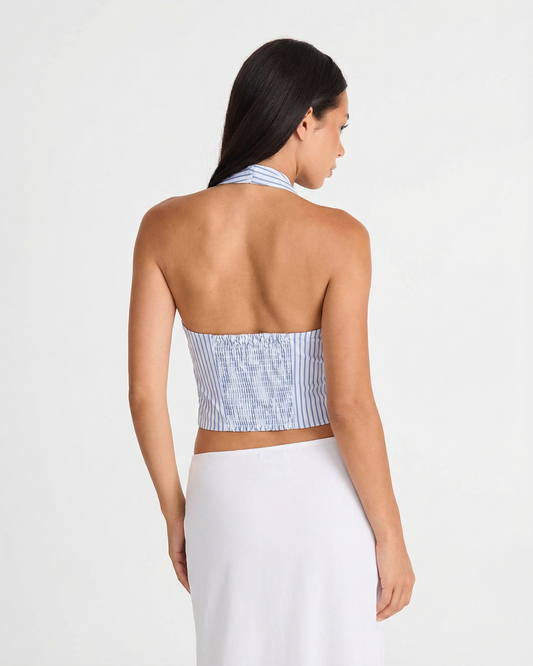 Elise | Summer Halter Neck Top Blue White Striped Tie Front