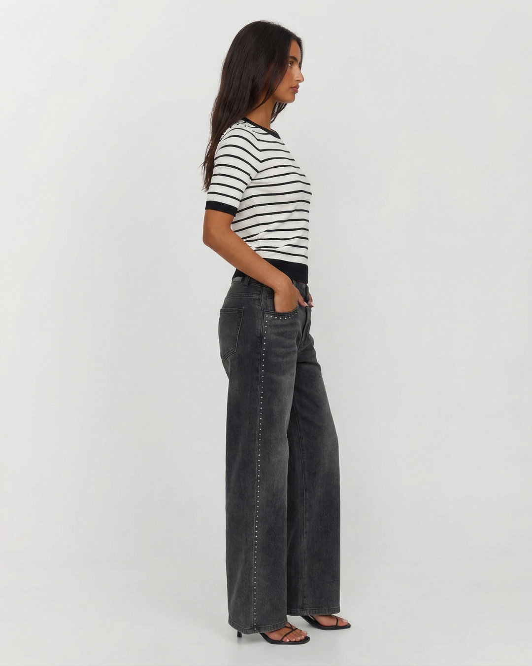 Nora | Black and White Stripe Contrasting Ribbed Trim Fitted Knit Top