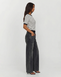 Nora | Black and White Stripe Contrasting Ribbed Trim Fitted Knit Top