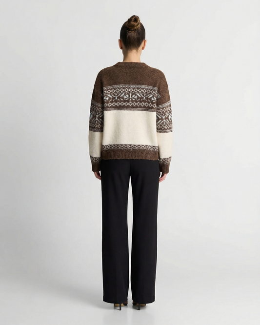 Kira | Winter Knitted Cardigan Brown Cream Fair Isle Zip Up