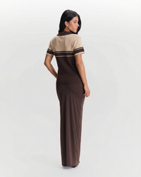 Hattie | Colour Block Stripe Ribbed Polo Crop Top in Brown