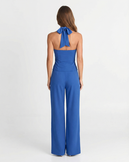 Lyra | Elegant Halter Neck Jumpsuit Blue Wide Leg