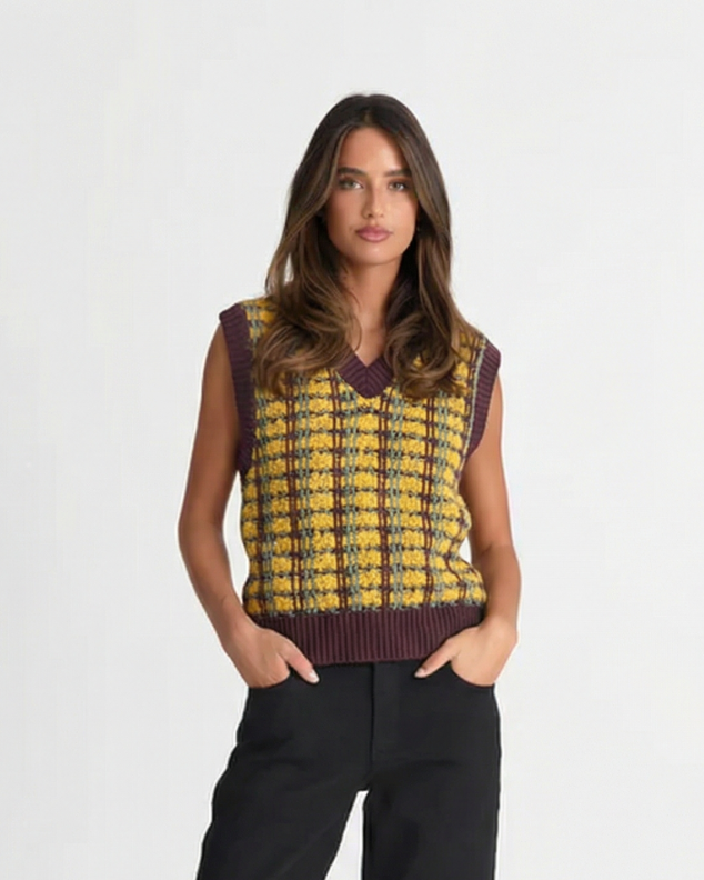 Sia | Knitted Vest Top Yellow Purple Sleeveless V Neck Check Pattern