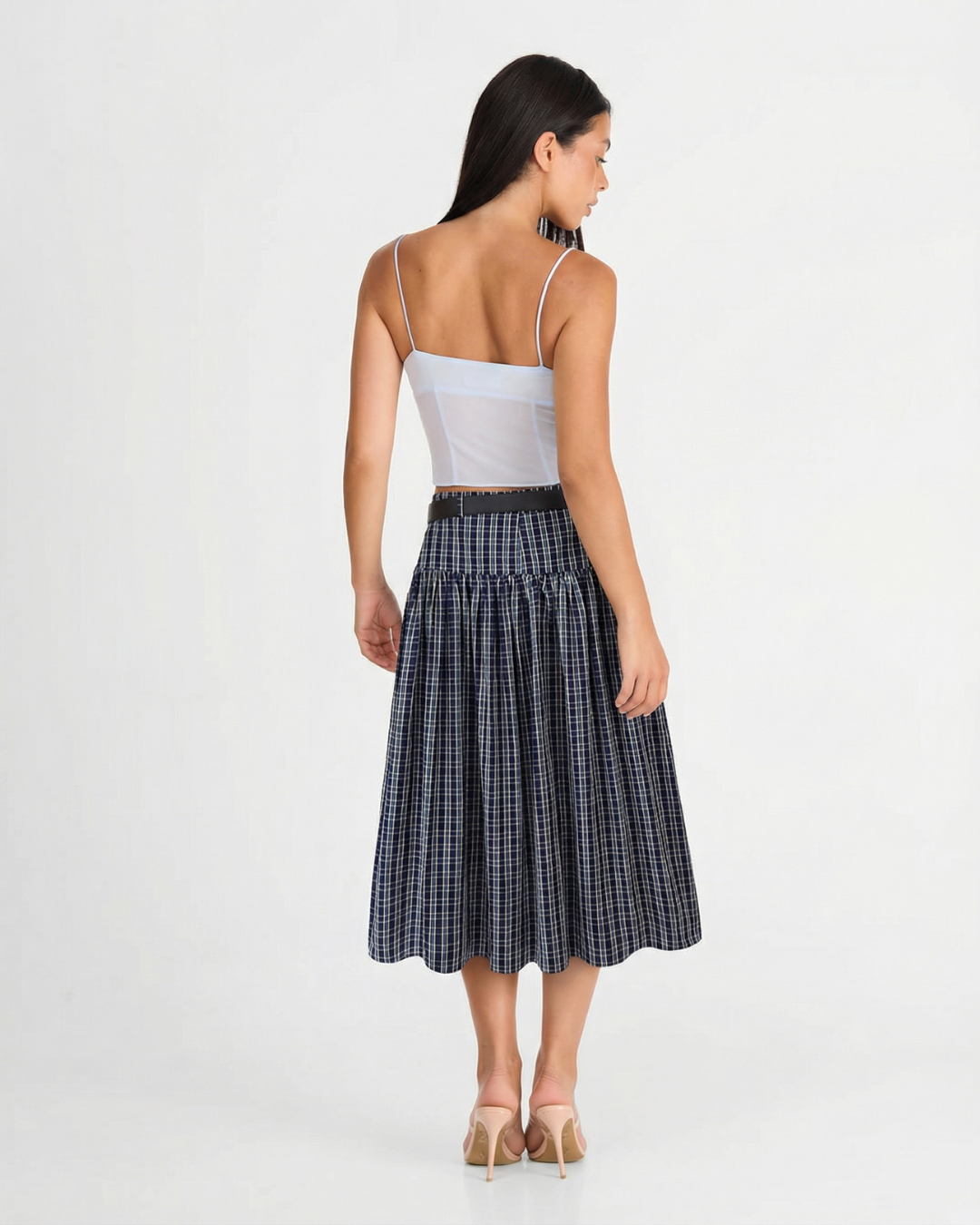 Zuri | Check Midi Skirt Navy Blue Pleated High Waisted A Line