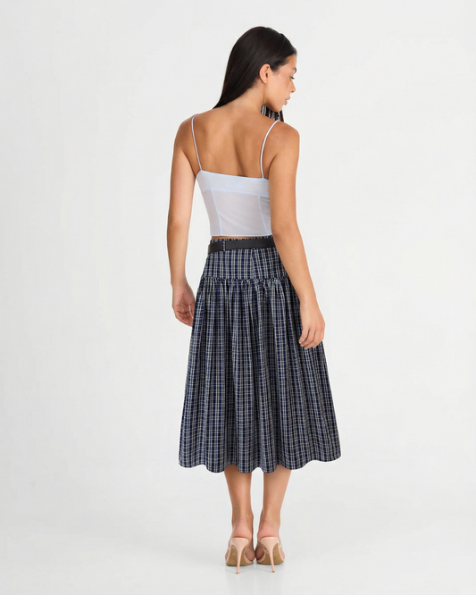 Zuri | Check Midi Skirt Navy Blue Pleated High Waisted A Line