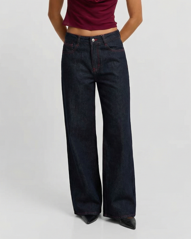 Aria | Wide Leg Jeans Black High Waisted Contrast Stitch