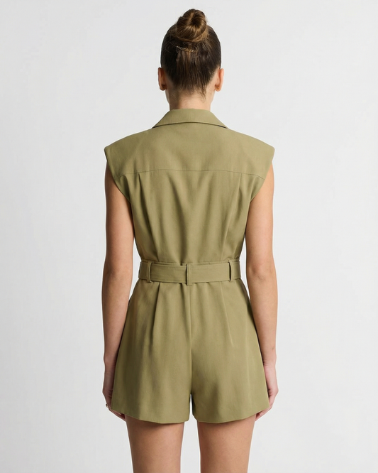 Quin | Elegant Belted Utility Shorts Jumpsuit Khaki