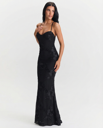 Mira | Elegant Floral Maxi Dress Black