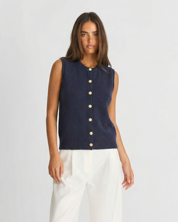 Lena | Sleeveless Knit Cardigan Navy Button Front