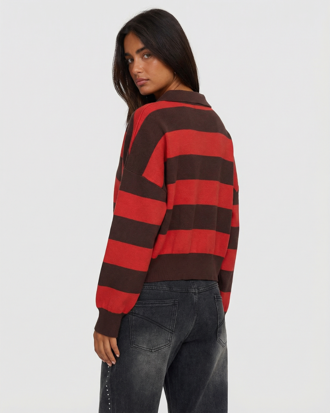 Phoebe | Red Cosy Striped Knit Polo Jumper