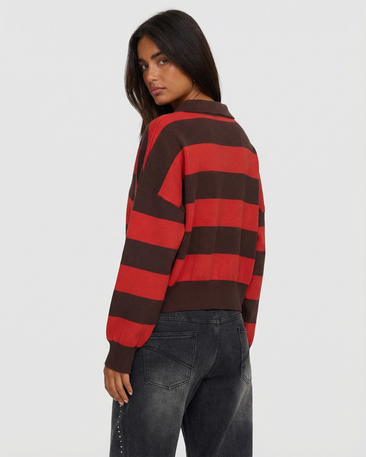Phoebe | Red Cosy Striped Knit Polo Jumper