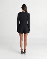 Ariella | Deep V-Neck Asymmetric Button Padded Shoulder Tailored Shorts Romper in Black
