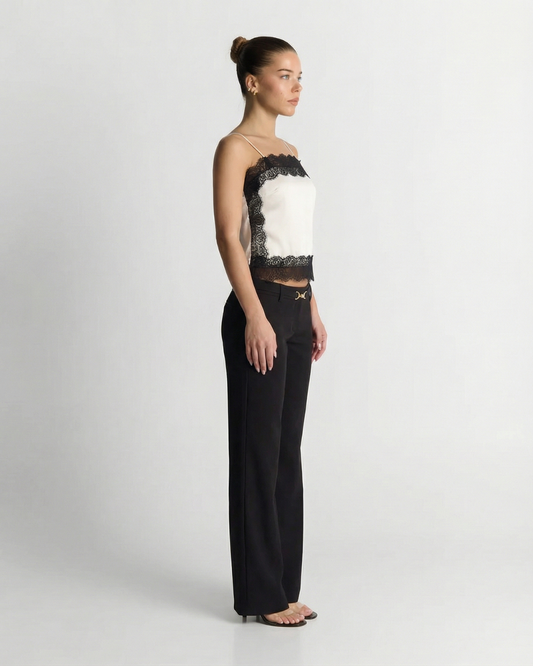 Isla | Elegant Lace Trim Cami Top White Black Satin