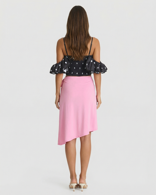 Celeste | Off Shoulder Top Black Satin Crop Polka Dot Ruched