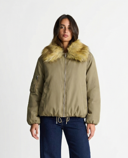 Alma | Autumn Bomber Jacket Faux Fur Collar Khaki Zip Up Cropped