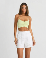 Nora | High-Waist Broderie Anglaise Panel White Linen Shorts