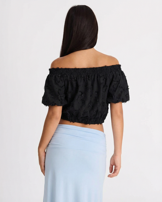 Nina | Off Shoulder Crop Top Black Textured Short Sleeve