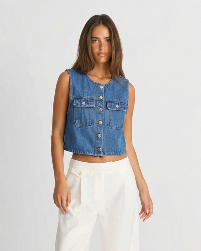 Sia | Cropped Vest Top Blue Denim Sleeveless Button Front Pockets