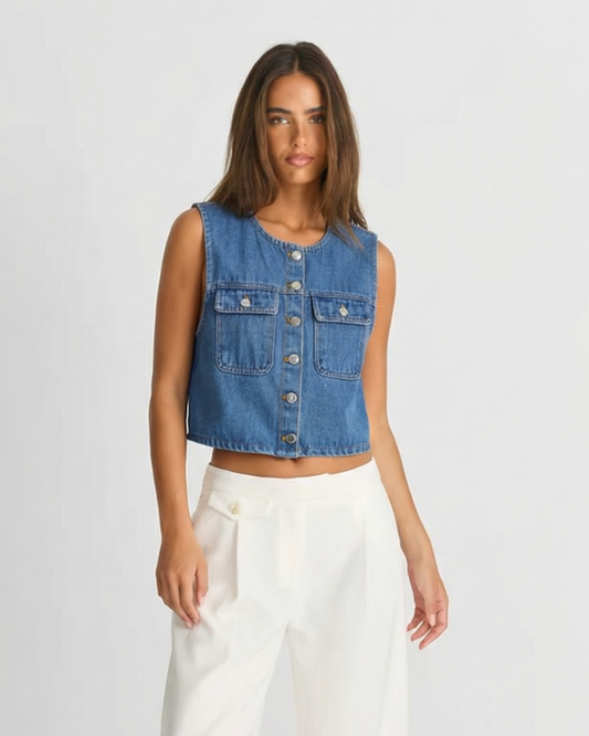 Sia | Cropped Vest Top Blue Denim Sleeveless Button Front Pockets