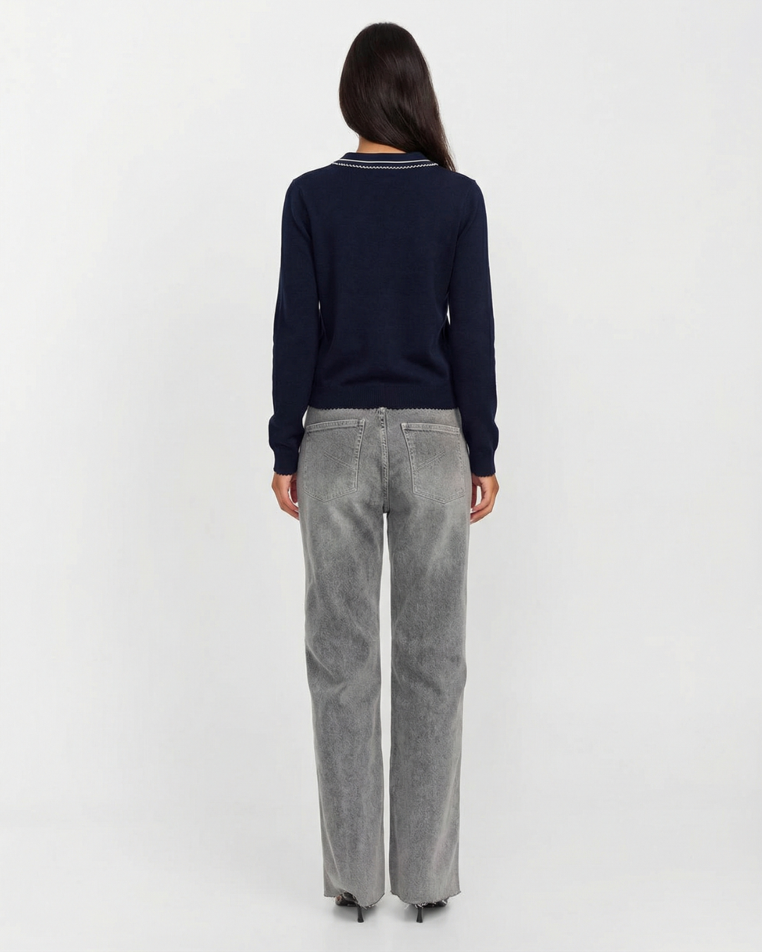 Ines | Peter Pan Collar Blouse Navy Long Sleeve Knitted