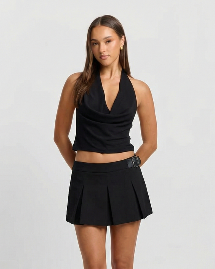 Mabel | Low-Rise Sharp Pleat Mini Skirt with Buckle Belt